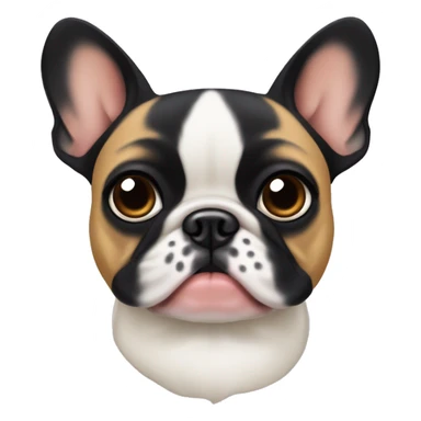 A small, black-and-tan French bulldog with a mostly black face and tan paws, tilting its head slightly with wide, puzzled eyes and a slightly furrowed brow, perhaps with a small question mark near its head sticker