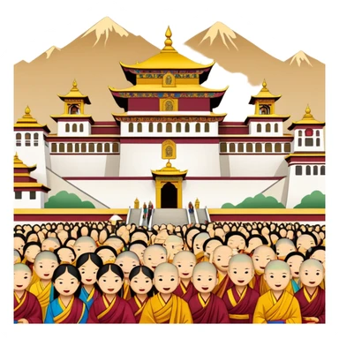Lhasa Jokhang Temple Tibet with pilgrims, simplified emoji style with bold outlines and bright colors, cartoon style golden roof temple sticker