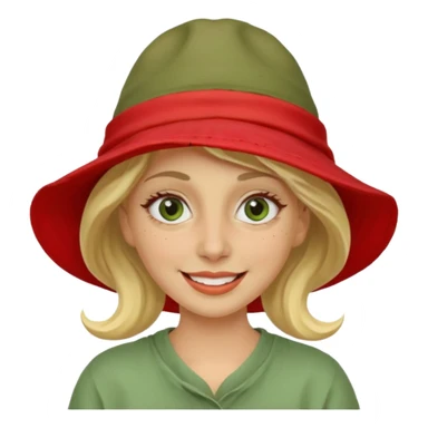 messy green clay mask and red tourist hat blond braided woman big eyes smiling and clay mask on face sticker