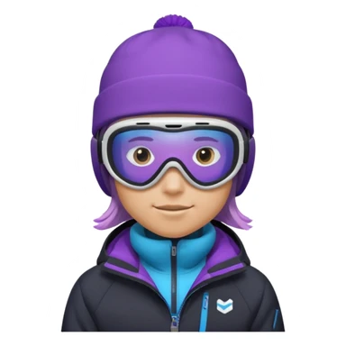 Pro Snowboarder with white and grey beanie, ONE pair of purple and blue frameless goggles on and a black jacket sticker
