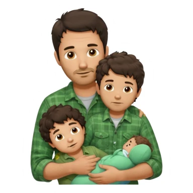 A father with messy medium-length dark hair and light stubble, wearing a green flannel shirt. He holds his child who has short curly brown hair and a cream-colored romper. Cozy warm lighting, authentic family moment. sticker