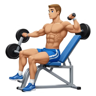 side-view bodybuilder in blue shorts seated weighted calf-raise machine lower leg exercise sticker
