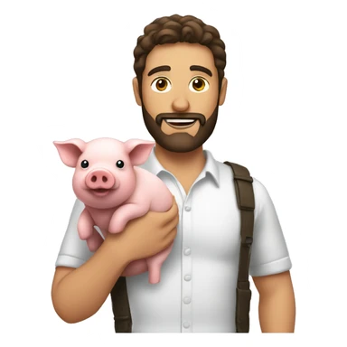 Brunette man with beard holds pig  sticker