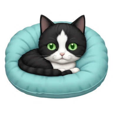 tuxedo short haired cat with green eyes sleeping in a lightblue pillow sticker