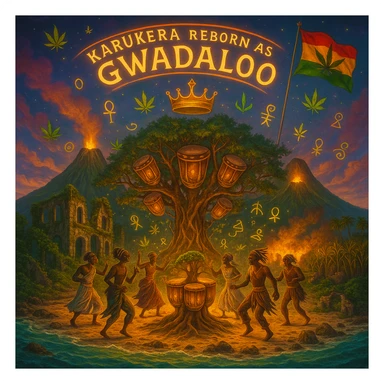 Create a powerful, surreal vision of the Caribbean island Guadeloupe, reimagined as ‘Gwadaloo’ — its sacred, sovereign identity restored. The island is lush, tropical, and volcanic, with two green volcanoes glowing golden at the peaks. In the center stands a giant mystical Drum Tree, its branches bearing carved drums instead of fruit, glowing with rhythmic light. Ancestral spirits of African and indigenous lineage dance in a circle around the tree, surrounded by floating ganja leaves and sacred symbols. Sugarcane fields burn gently in the background, symbolizing the end of colonial suffering. Ruins of colonial buildings crumble into the earth, reclaimed by vines and jungle. Above the island, a glowing banner in the sky reads: ‘Karukera reborn as Gwadaloo.’ A ganja-leaf flag waves high in red, green, and gold, and a golden Creole crown floats in the sky above the island — not worn by any man, but held in rhythm. The ocean is turquoise, the light is divine, and the entire scene radiates spiritual victory, cultural remembrance, and cosmic rhythm. Use a warm, cinematic palette of golds, greens, blues, and purples. Style should feel epic, sacred, and symbolic — a rebirth of Caribbean power. sticker