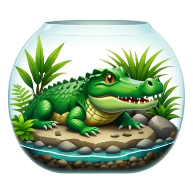 Crocodile resting in a terrarium, surrounded by rocks, water, and tropical plants. The green scales of the crocodile glisten under the light, with its sharp eyes focused ahead. The background features a naturalistic habitat with plants and water, giving it a lifelike feel. sticker