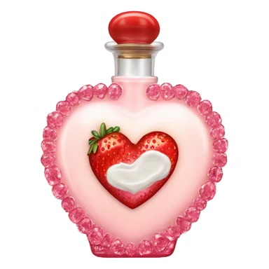 Antique heart-shaped parfumerie bottle with butter, made of red crystals, white cream and pink strawberry milk pour from the bottle sticker