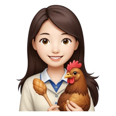 korean girl with long dark brown hair holding a chicken drumstick, simple emoji style sticker