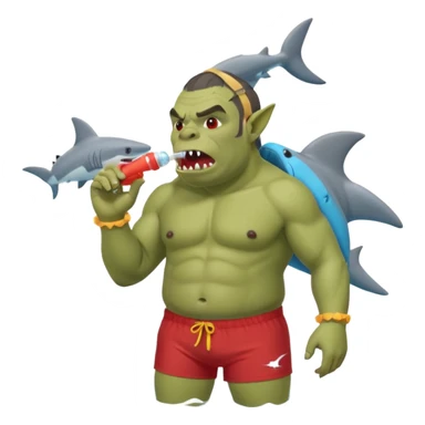 orc male in shark floatie, blowing whistle. Red swim trunks sticker