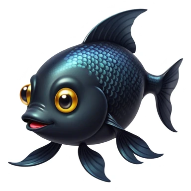 Cinematic Cute Black Goldfish Portrait Emoji, Head tilted playfully and inquisitively, featuring a glossy, deep black body with shimmering scales and round, sparkling golden eyes filled with curiosity, Simplified yet irresistibly adorable features, highly detailed, glowing with a warm, friendly glow, high shine, affectionate and lively, stylized with a touch of whimsy, bright and endearing, soft glowing outline, capturing the essence of a mischievous yet loving goldfish, so playful it feels like it could swim out of the screen and into your heart! sticker