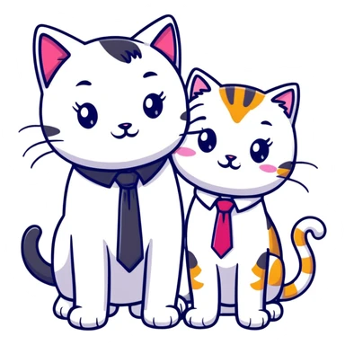 happy girl cat with eyelashes wearing a colorful necktie and happy boy cat wearing a professional necktie standing together and holding paws, both with loving expressions sticker