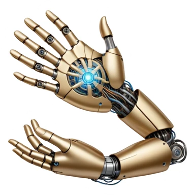 An icon inspired by Da Vinci’s 'The Creation of Adam', featuring a robotic hand reaching out to touch a human hand, symbolizing artificial intelligence. The design includes neural networks, glowing circuits, and a holographic brain. Transparent background sticker