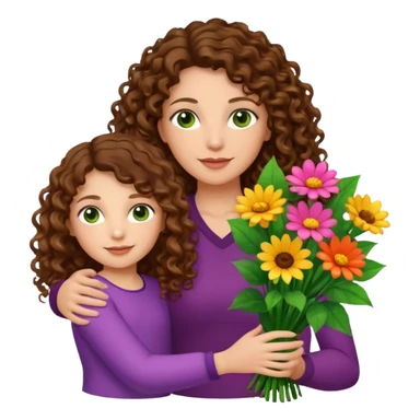 light skinned brunette long curly haired woman with green/hazel eyes holding big bright bunch of flowers with one hand and daughter's hand (also with long brown curly hair) in other. White background. sticker