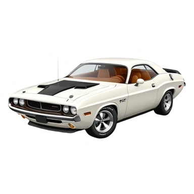 White 1971 Dodge Challenger with consistent proportions, accurate three-quarter view at 30 degrees, showing front grille, headlights and side profile in correct perspective, all white, iOS emoji style sticker