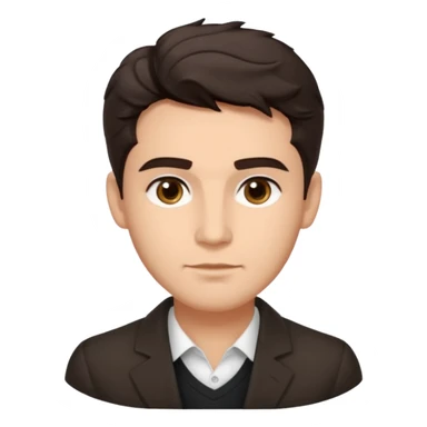 He’s a man with light to medium skin, a defined oval face, full brows, deep-set eyes, and wavy short dark brown hair styled with height, sides are trimmed. expression calm and focused relaxed black open-collar .polished, articulate, and coach vibe. sticker