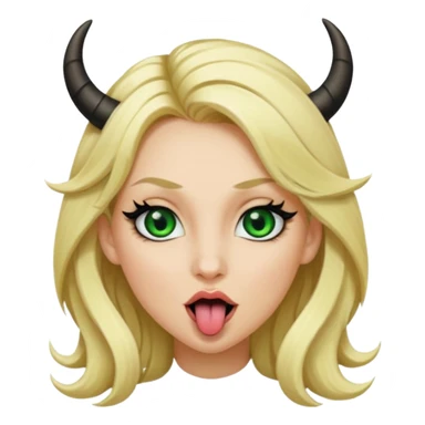 Emoji femme blonde habillée en noir cheveux blond, yeux vert avec de long cils noir qui tire la langue et à des cornes  sticker