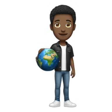 a guy with a miniature earth as a head without any facial features. the guy is wearing a layered black and white shirt jeans and plain white shoes sticker
