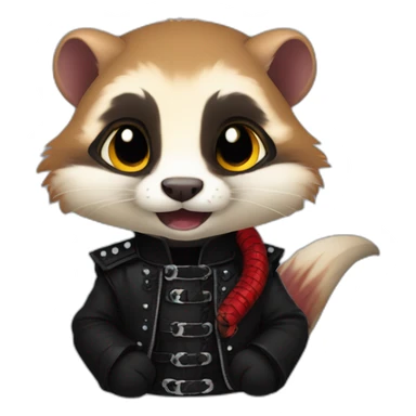 Red ferret wearing black gothic heavy metal clothing fringe to one side and snake sticker