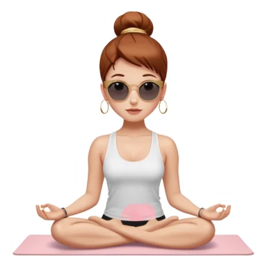 Clean girl influencer character, chest-up portrait.Sleek tight bun hair color (auburn .Natural glossy makeup, soft blush, shiny lips.Minimal white tank top, small gold hoop earrings, delicate gold necklace.Black sunglasses on head.Rolled yoga mat hanging over her shoulder. sticker