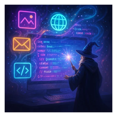 A wizard standing in front of a giant glowing monitor, conjuring website icons and code with a wand, mystical and techy atmosphere, glowing effects, futuristic fantasy sticker