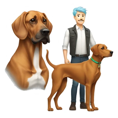 white male with rainbow colored hair and curled mustache standing alongside a brown rhodesian ridgeback dog sticker