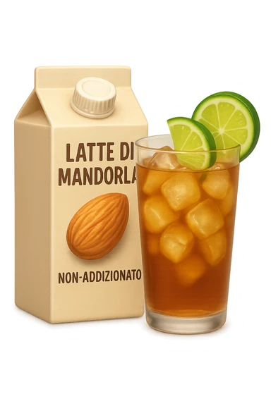 emoji stile iphone di un pacco di latte di mandorla non addizionato accanto ad un bicchiere di vetro di tè freddo con fettine di cetriolo e lime
IPERREALISTICO 4K sticker