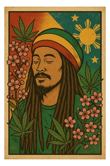 Vintage poster of an Asian Rasta with long dreadlocks, peaceful eyes, and a red-gold-green tam. Surrounded by cherry blossoms and ganja leaves. Background blends Rasta colors into an Asian flag (e.g., red sun from Japan or Chinese star). Retro reggae fusion vibe, with bold lines and aged paper texture. Philippines 
 sticker