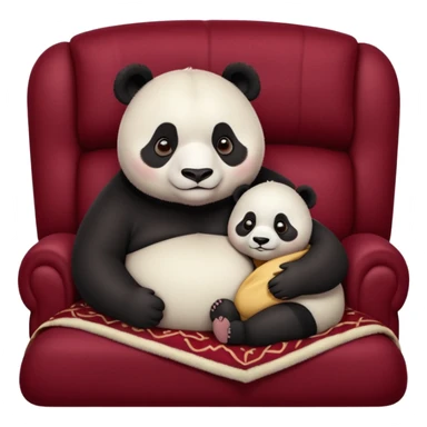  overweight female panda and adorable baby, snuggle on a realistic dark red velvet couch with a blanket, to watch a movie, couch is far too small for them. sticker