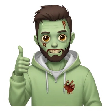 zombie with thumbs up gesture, undercut hairstyle with dark brown hair, short full beard, wearing plain white hoodie sticker