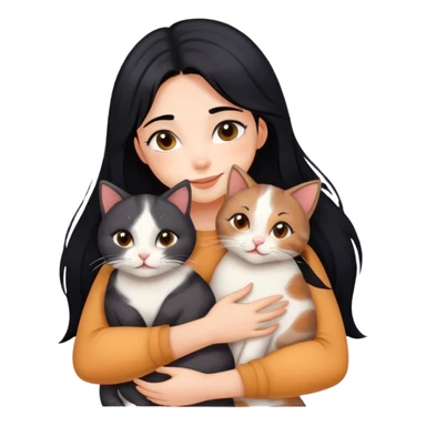 happy girl with black hair hugging three cats  (dark calico cat, gray cat, brown calico cat) sticker