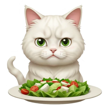 grumpy white cat sitting at a table, looking confused with its ears slightly back. In front of the cat is a plate with a salad with mouth a little open, and disagreement in the cat's face sticker