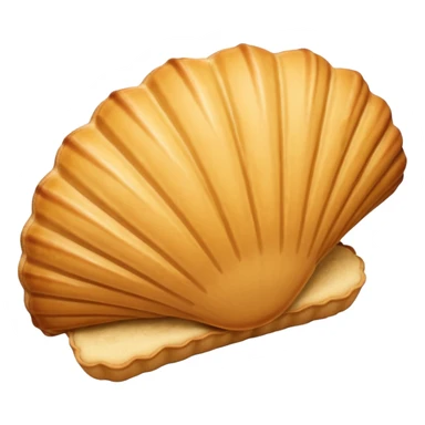 A madeleine pastry. Scalloped seashell shape with ONLY four to five vertical lines going in the same direction. Light golden brown. Scalloped edge. Cookie. Flat. Long. Oval shape sticker