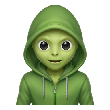 green alien in gray hoodie full height, wear hoodie hat, happy sticker