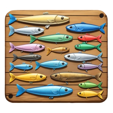 A metal lure set arranged on a wooden plank sticker