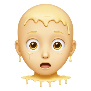 surprised face, classic emoji, 😮, yellow circular, genderless, hairless, white cream dripping from cheeks, white cream in mouth sticker