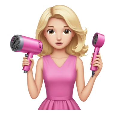 blonde woman in pink dress holding a pink Dyson hairdryer, hair blowing sticker