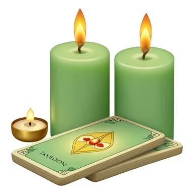 A light green deck of tarot cards and a one candle nearby sticker
