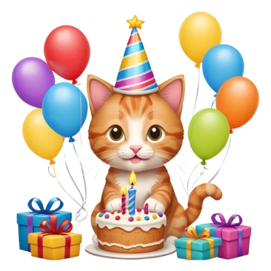 Ginger tabby kitten celebrates birthday, birthday hat, birthday cake, balloons, happy, gifts sticker