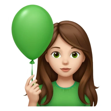 girl with long brown hair, holding green balloon sticker