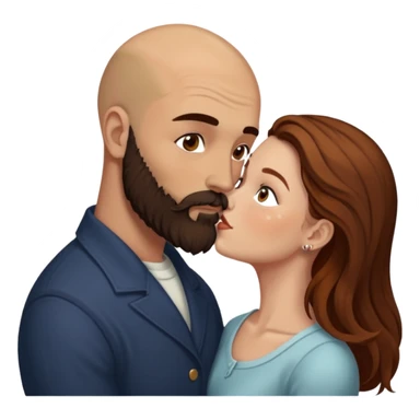 Couple. Bald man with dark brown-black beard. White woman with many small, faded freckles, she has white skin and she has auburn-brown-cinnamon, dark long hair. She has light brown eyes. The man have hazel eyes. She have light eyes. Retro style. She kisses him. Dark akademia. sticker