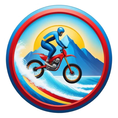 A bold, dynamic emblem combining elements of extreme sports like a mountain, a bike, surfing, ocean and a parachute, all within a circular or shield-like shape. The design conveys speed, adventure, with sharp lines and vibrant colors representing the thrill and intensity of extreme sports. sticker