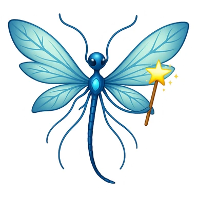 Add a magic wand to the neuron with translucent fairy wings in the style of apple emojis, keeping the apple emoji style exactly, no background. sticker