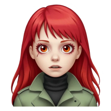 Crie um emoji de uma menina zumbi  com o cabelo vermelho longo com uma franja reta casaco de gola alta da adidas sticker