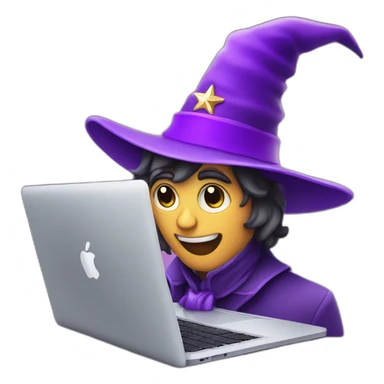magician with a purple pointy magic hat with a star working on a macbook sticker