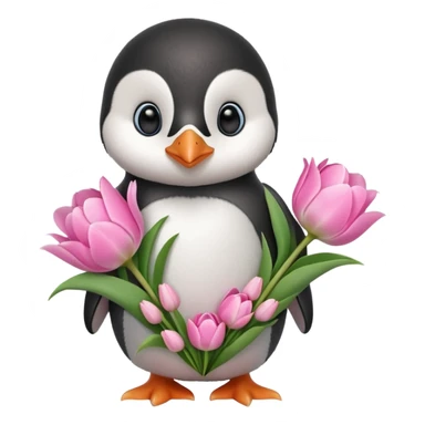 Cute baby penguin holding flower bouquet wraped in white paper and all flowers tulips in pink colour sticker