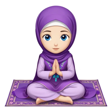 Turkish beautiful finish Konya girl blue eyes with purple flower hijab long tail dress and sits on the pray mat namaz on the ground with Islamic dua  sticker