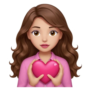 girl with long wavy brown hair, brown eyes, light to medium complexion, in a pink shirt, pink lips, long lashes, squeezing a big heart sticker