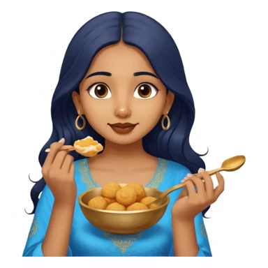 a pretty tan indian bratz girl. eyeliner on, wearing a blue kurti, eating golgappa. NO SPOON. wavy long BLACK coloured hair sticker