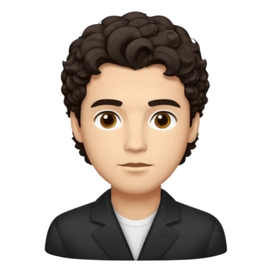 He’s a man with light to medium skin, a defined oval face, full brows, deep-set eyes, and wavy short dark brown tall puffy hair styled with height, sides are trimmed. expression calm and focused relaxed black open-collar .polished, articulate, and coach vibe. sticker