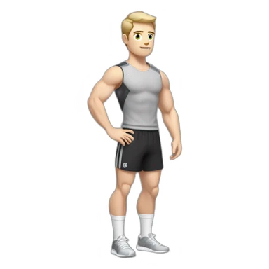 Pale skinned Fit Man With the biceps and dark brown hair in black shirt, gray sports shorts and white Sneakers Relies on the crossbar sticker